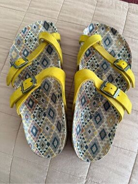 Birkenstock Yellow Double-Buckle Slide Sandals with Patterned Footbed